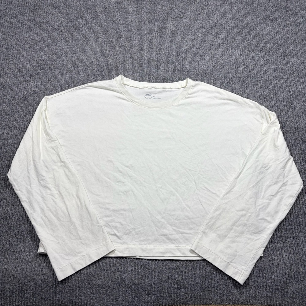 Aerie Shirt Women's S White Long Sleeve Cropped Crew Neck Solid Casual